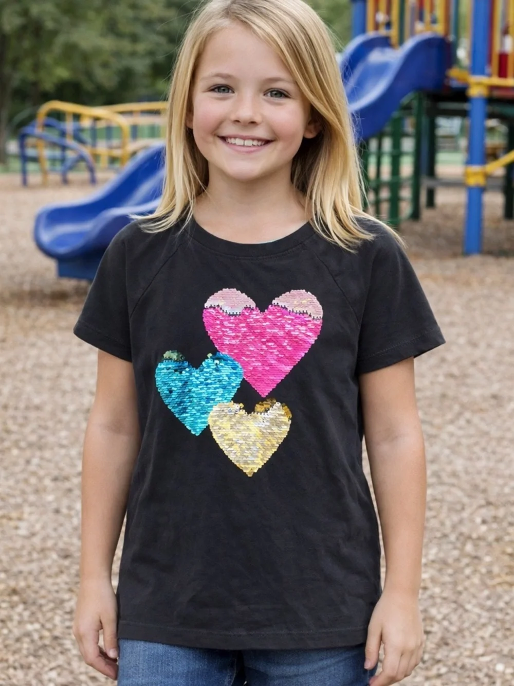 Cat & Jack Short Sleeves Graphic T- Shirt Three Sequins Reversible hearts 12